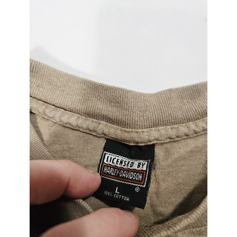 Vtg 90s Harley Davidson AOP Huge Eagle Flag Beige color Faded Biker Shirt Size L - Picture 3 of 4